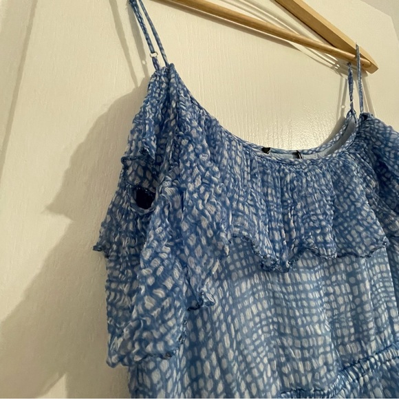 LOVE Sam MIDI Dress Light Blue Asymmetrical Ruffle Hem Semi Sheer - Picture 5 of 12